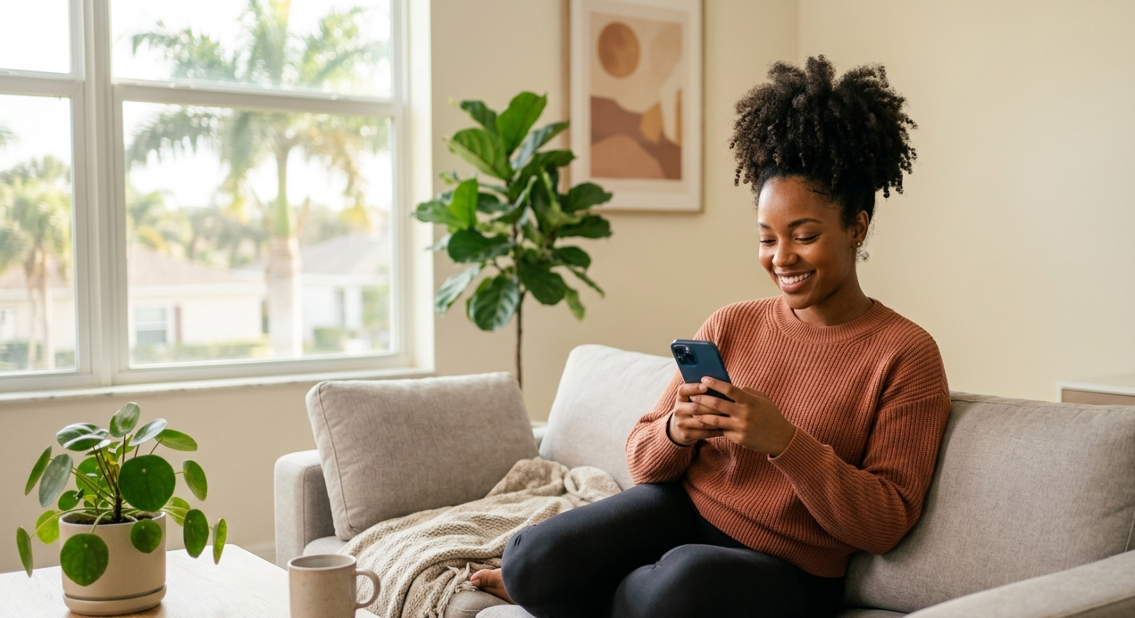 Woman completing online acne treatment visit from home on her phone