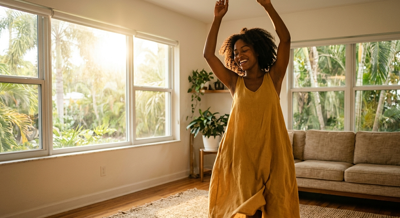 Woman dancing freely feeling comfortable after BV treatment