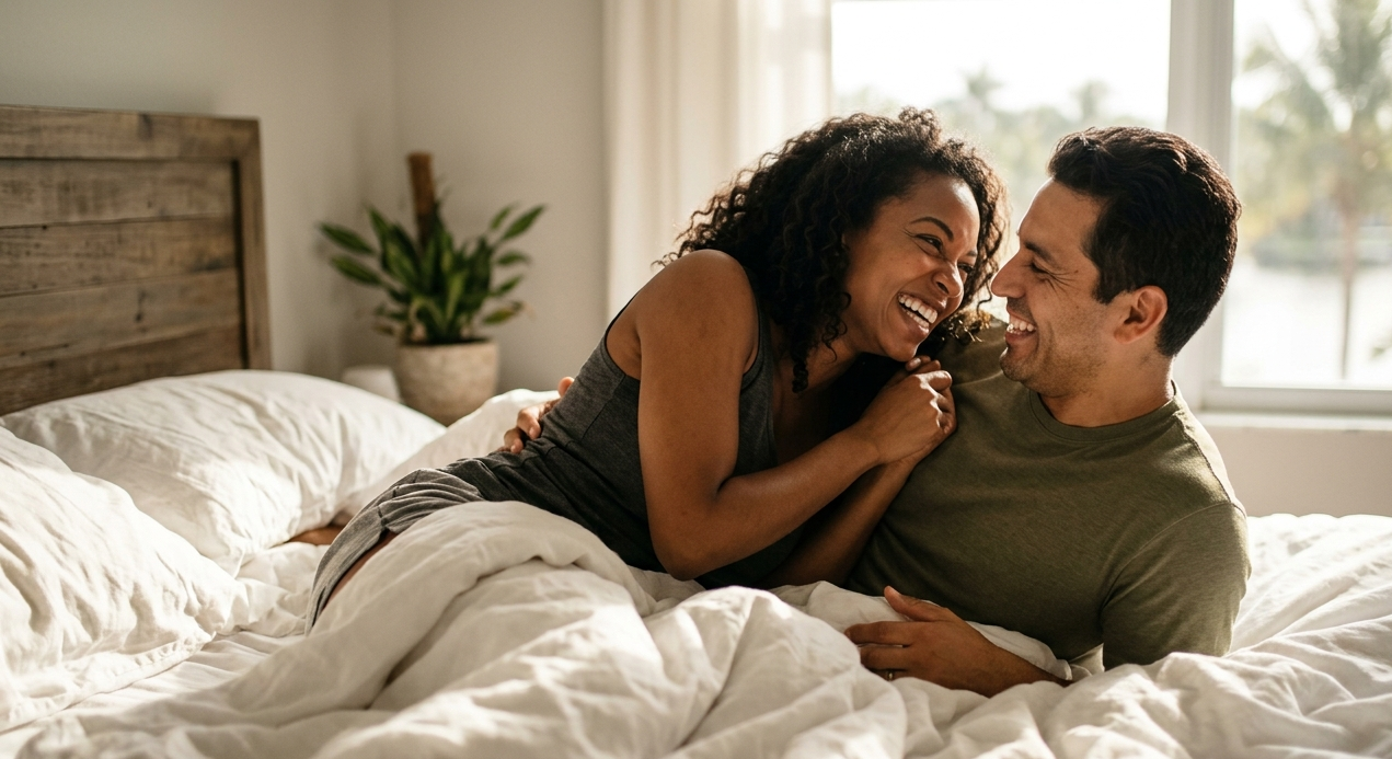 Couple sharing a passionate moment after ED treatment