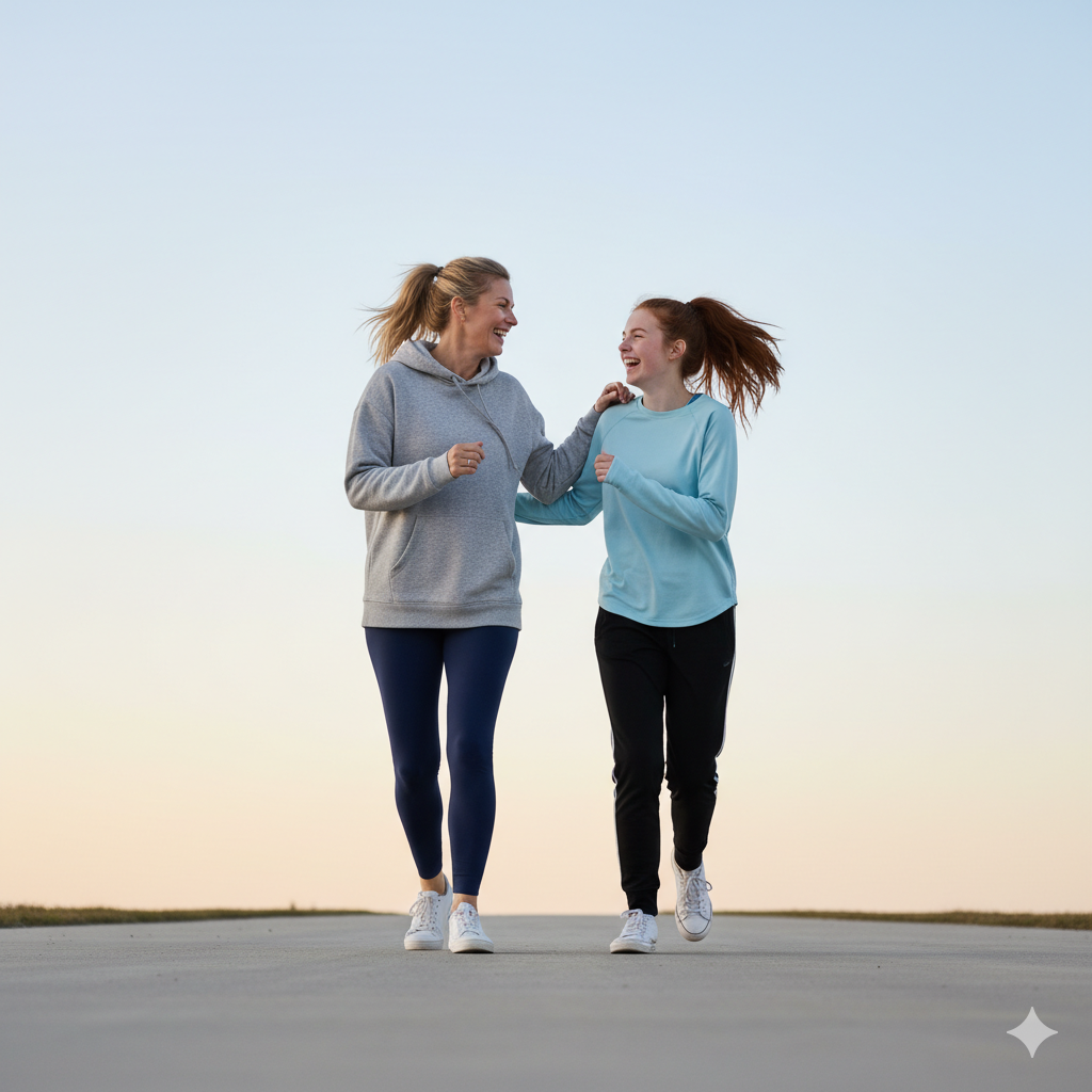 Mother and daughter walking together outdoors