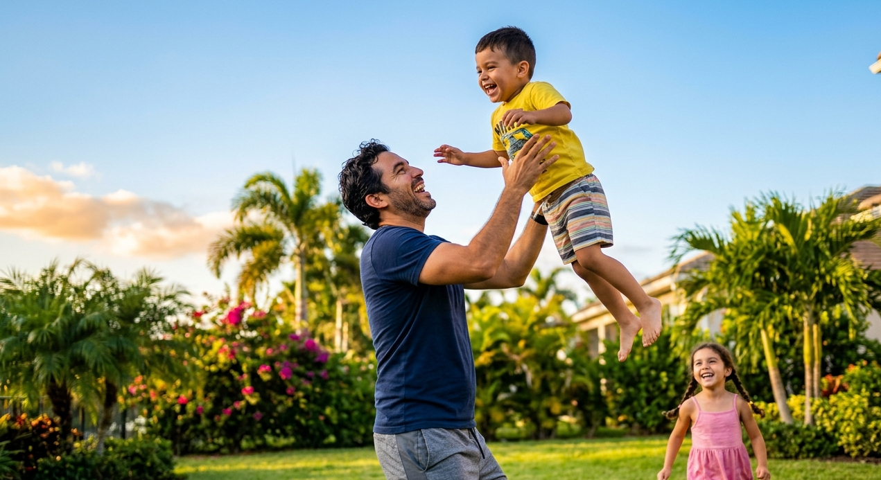 Father playing with kids full of energy after treating insomnia