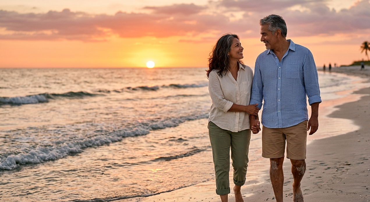 Couple reconnecting on beach after menopause treatment