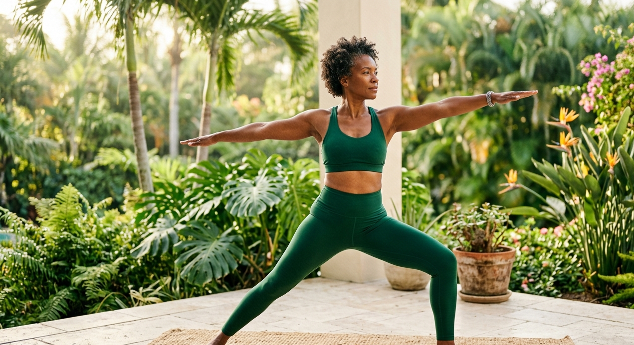 Woman doing yoga feeling vibrant and energized during menopause