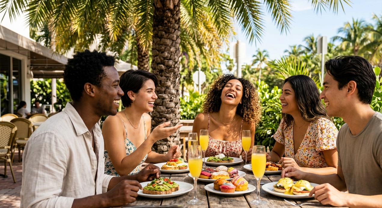 Friends enjoying brunch feeling healthy after STI treatment