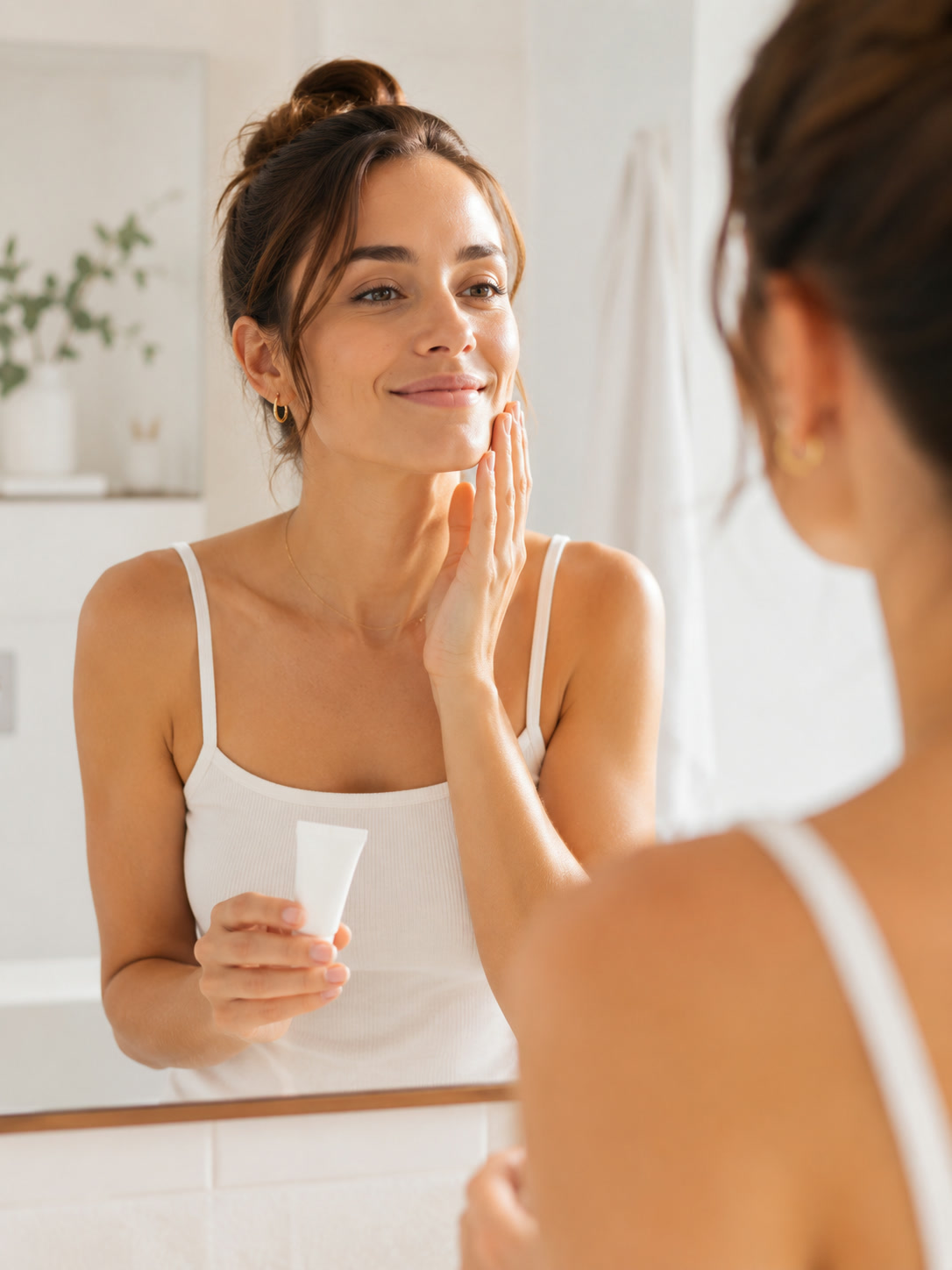 Woman with clear glowing skin after tretinoin treatment