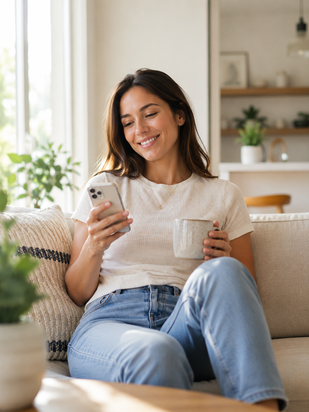 Woman completing a yeast infection telehealth visit on her phone
