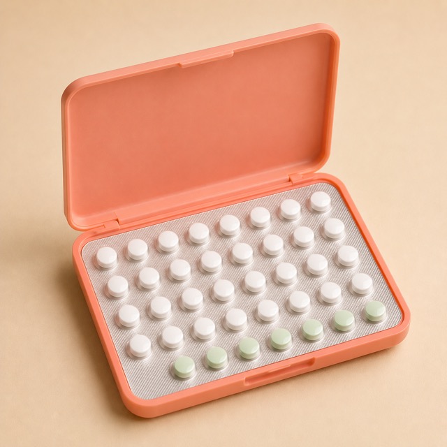 Unbranded stylized estrogen-free pill pack representing Slynd (drospirenone)