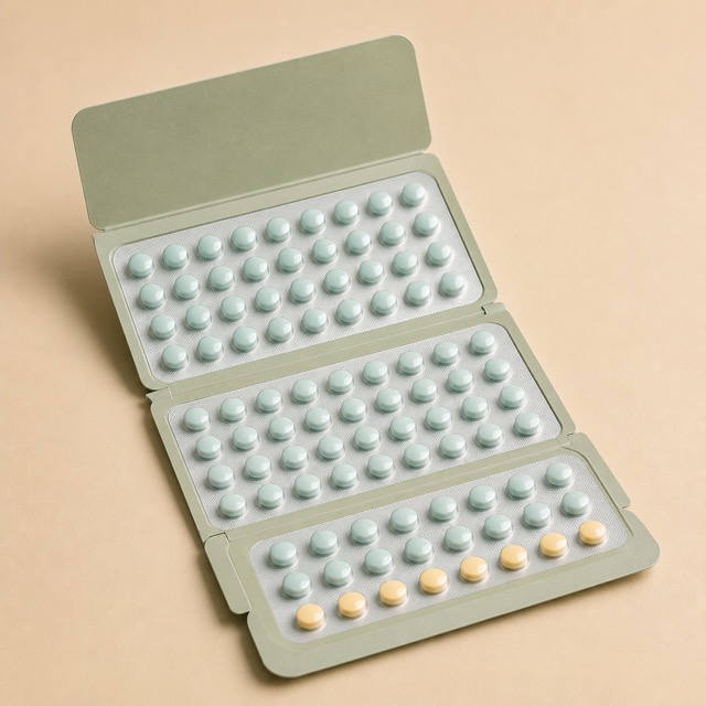 Unbranded stylized 91-day extended-cycle pill pack representing generic Seasonique
