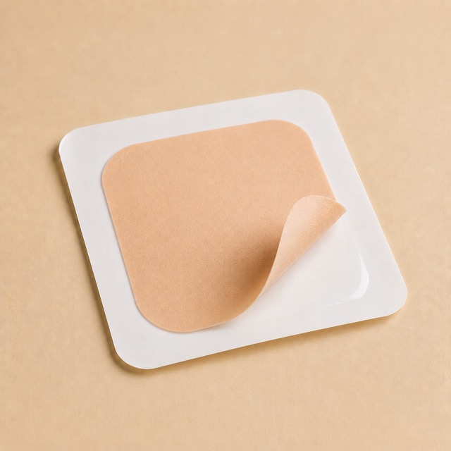Unbranded stylized weekly contraceptive skin patch on its backing card