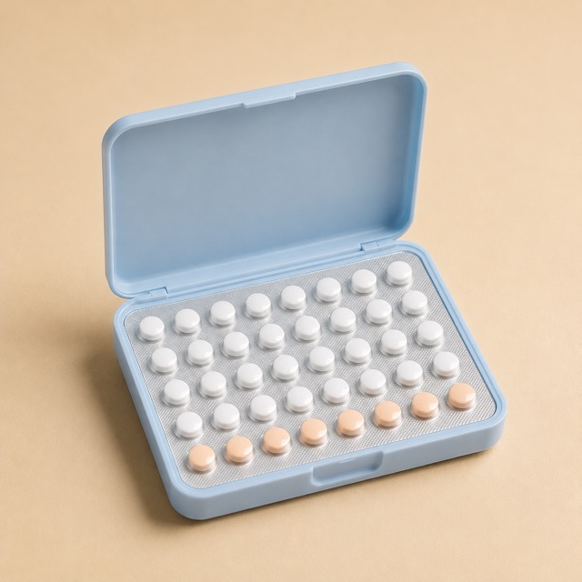Unbranded stylized low-dose pill pack representing generic Lutera/Vienva