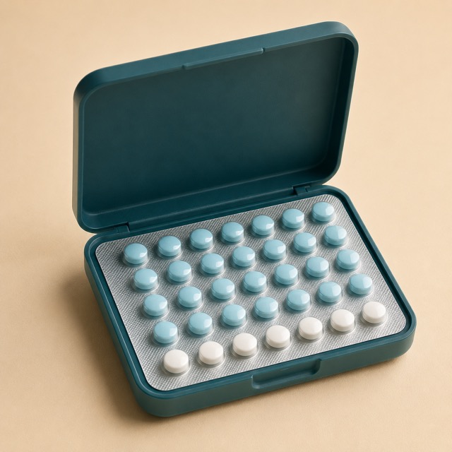 Unbranded stylized pill pack representing Sprintec (generic norgestimate/ethinyl estradiol)