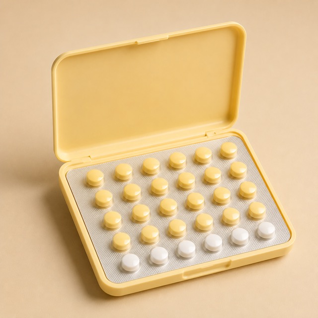 Unbranded stylized pill pack representing generic Ocella/Yasmin