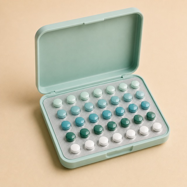 Unbranded stylized triphasic pill pack representing Tri-Sprintec (generic)