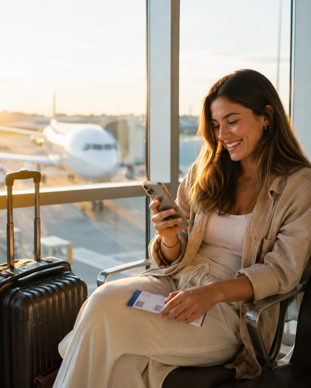 Woman at the airport gate with her carry-on and boarding pass, completing her period delay visit from her phone