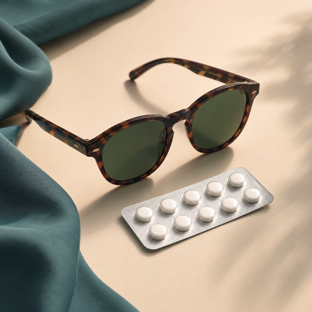 Unbranded blister strip of white tablets beside a pair of sunglasses — delaying a period for travel