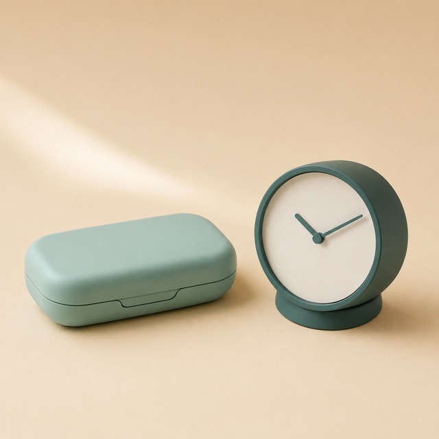 Unbranded pill-pack case beside a minimalist blank-faced clock — a steadier cycle