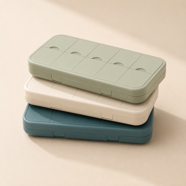 Stack of three unbranded pastel pill-pack cases — months of continuous birth control