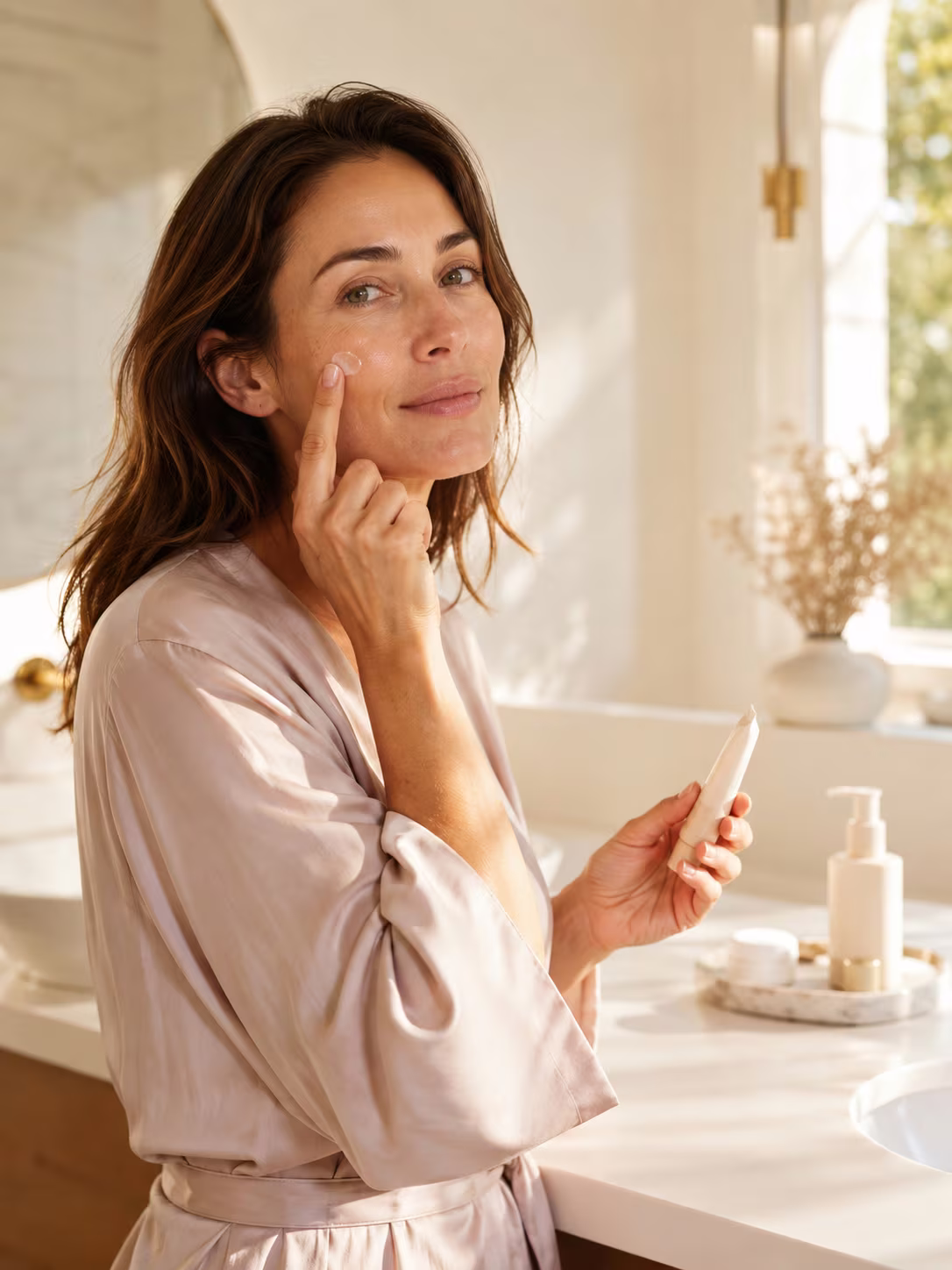 Woman applying tretinoin cream as part of her skincare routine
