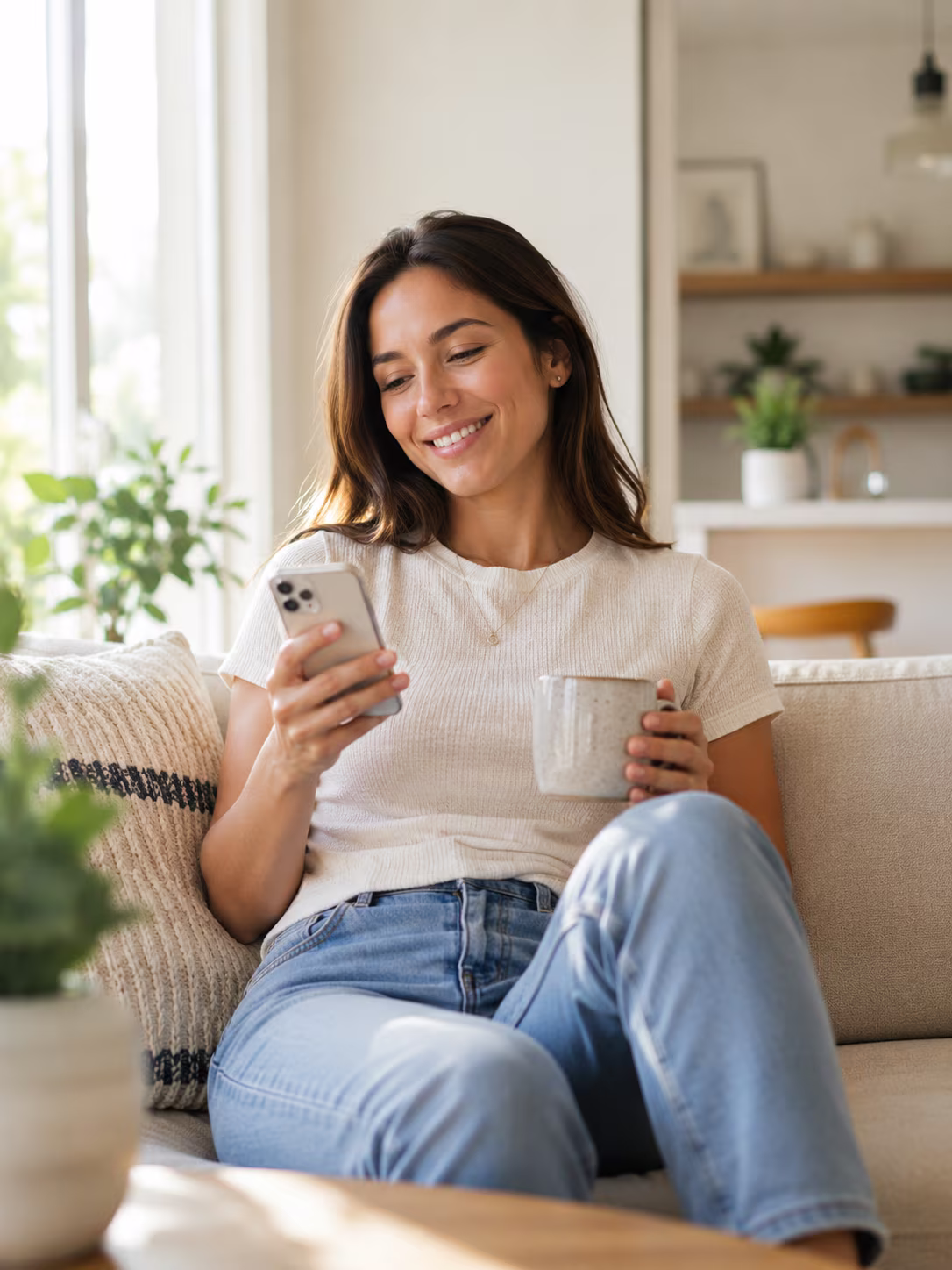 Woman completing a yeast infection telehealth visit on her phone